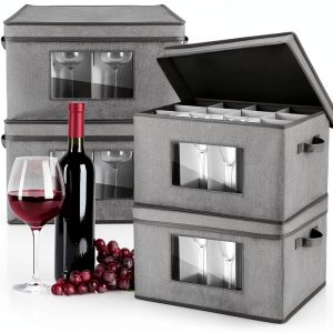 Uiifan 4 Pcs Wine Glass Storage Box with Dividers, Gray Stemware-0