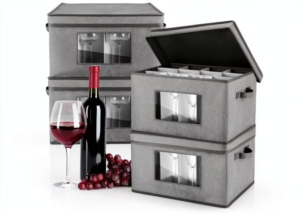 Uiifan 4 Pcs Wine Glass Storage Box with Dividers, Gray Stemware-0