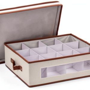 Household Essentials 538 Vision China Storage Box for Tea Cups and Mugs with Lid and Handles | Natural Canvas with Brown Trim-0