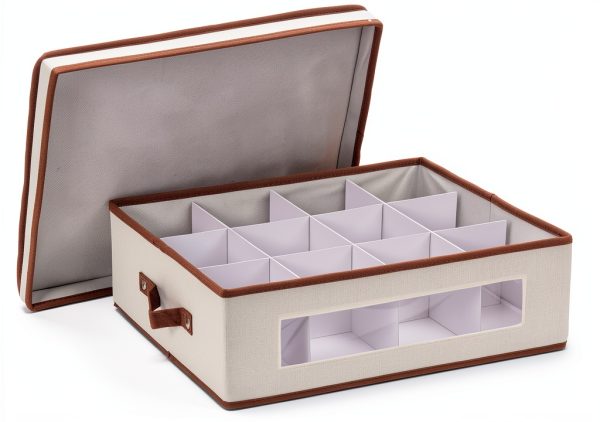 Household Essentials 538 Vision China Storage Box for Tea Cups and Mugs with Lid and Handles | Natural Canvas with Brown Trim-0