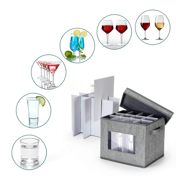 Uiifan 4 Pcs Wine Glass Storage Box with Dividers, Gray Stemware-2