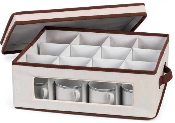 Household Essentials 538 Vision China Storage Box for Tea Cups and Mugs with Lid and Handles | Natural Canvas with Brown Trim-4
