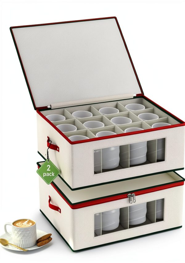 Homyfort Mug Storage Box Organizer, 2 Pack Hard Shell for 24 Tea Cups-0