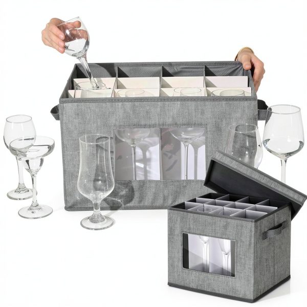 Uiifan 4 Pcs Wine Glass Storage Box with Dividers, Gray Stemware-4