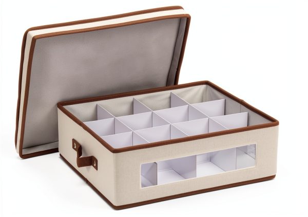Household Essentials 538 Vision China Storage Box for Tea Cups and Mugs with Lid and Handles | Natural Canvas with Brown Trim-1