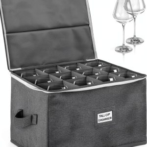 Stackable Wine Glass Storage Box Jenlan Grey Hard Shell Holds 12-0
