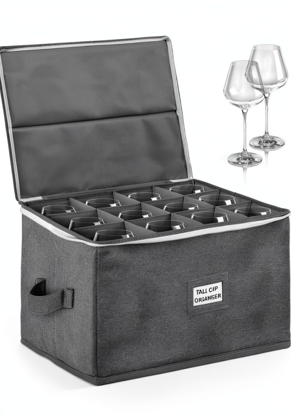 Stackable Wine Glass Storage Box Jenlan Grey Hard Shell Holds 12-0