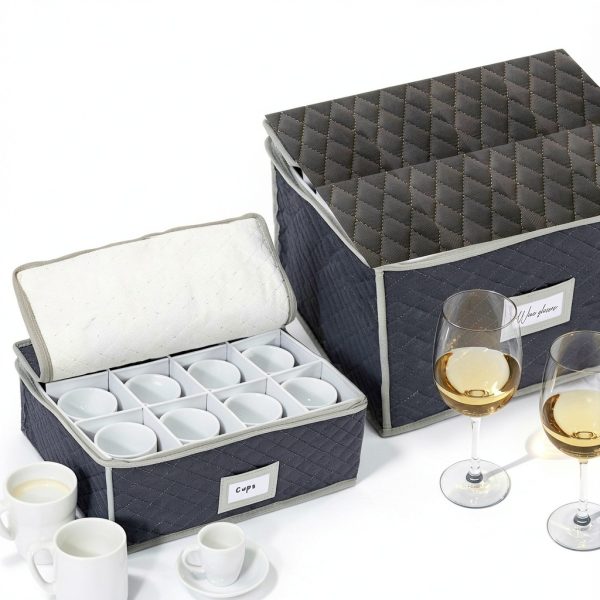 Woffit Wine Glass Storage - Quilted Set of 2 for Mugs & Stemware, Gray-5