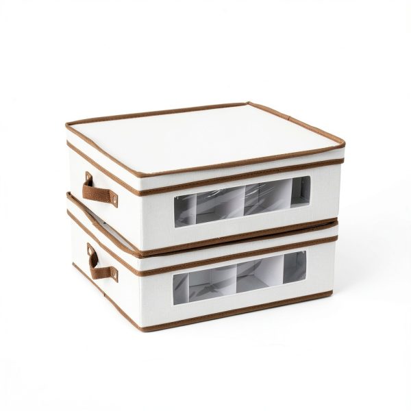 Household Essentials 538 Vision China Storage Box for Tea Cups and Mugs with Lid and Handles | Natural Canvas with Brown Trim-3