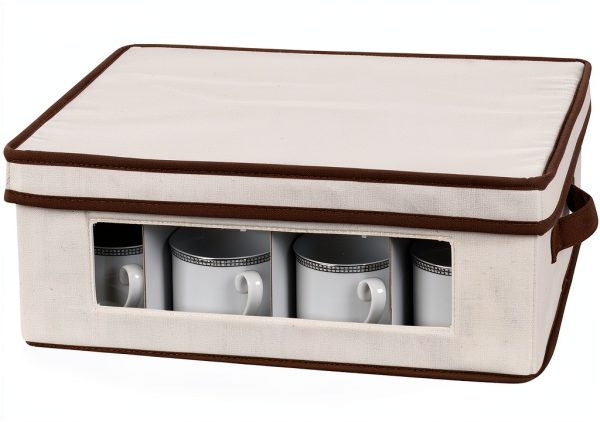Household Essentials 538 Vision China Storage Box for Tea Cups and Mugs with Lid and Handles | Natural Canvas with Brown Trim-7