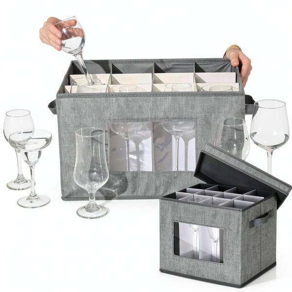 Wine Glass Storage Box Norme 3-Pack Gray 12-Compartment Stemware Case-4